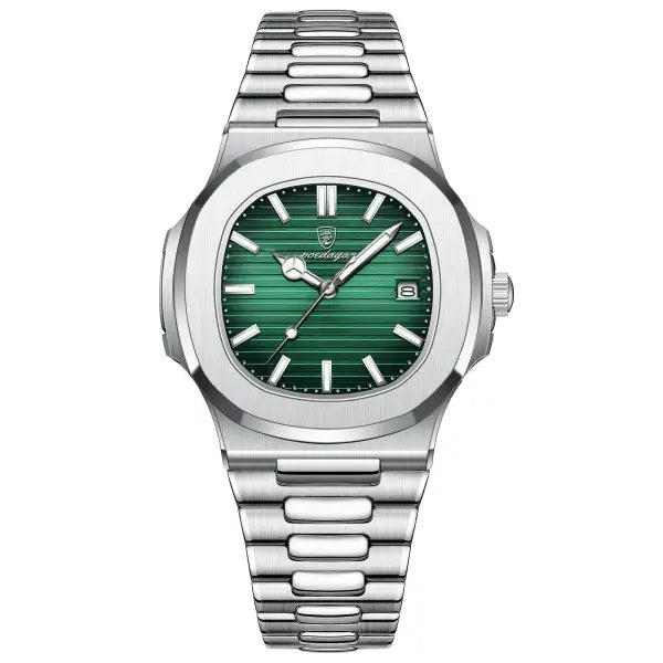 POEDAGAR Luxury Square Men’s Watch with Push Button Hidden Clasp - Silver Green