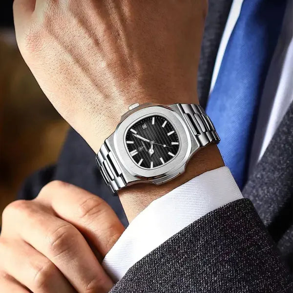 POEDAGAR Luxury Square Men’s Watch with Push Button Hidden Clasp