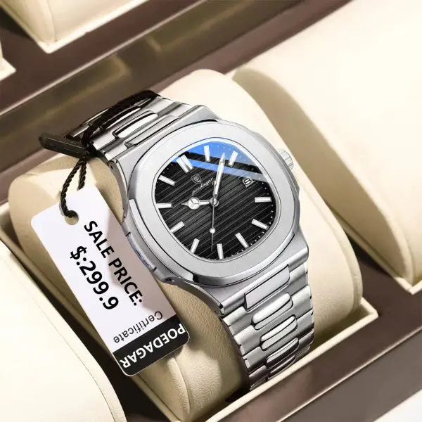 POEDAGAR Luxury Square Men’s Watch with Push Button Hidden Clasp