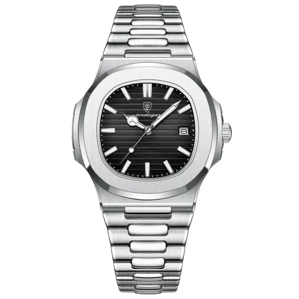 POEDAGAR Luxury Square Men’s Watch with Push Button Hidden Clasp - Silver Black