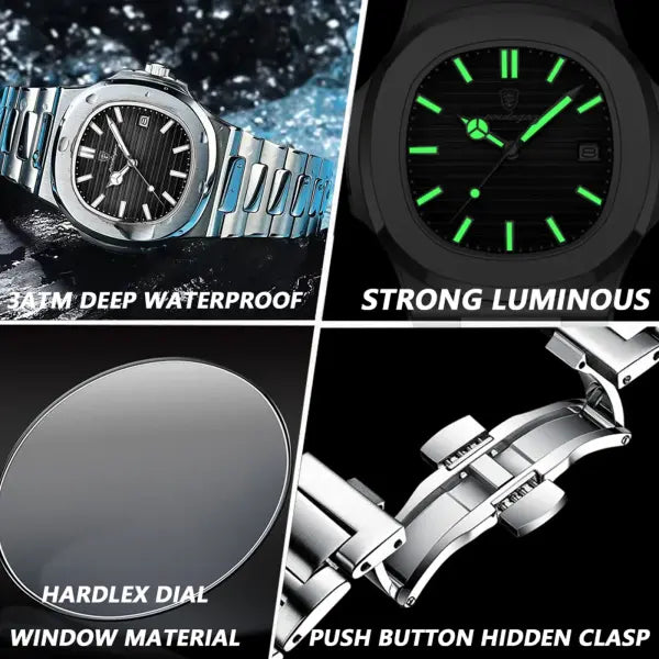 POEDAGAR Luxury Square Men’s Watch with Push Button Hidden Clasp