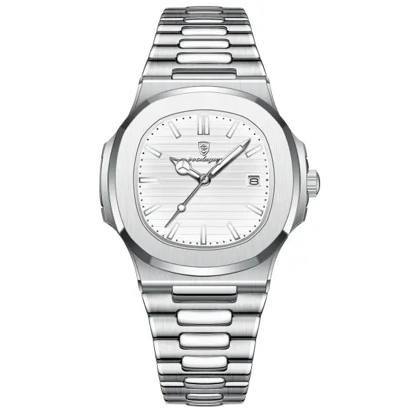 POEDAGAR Luxury Square Men’s Watch with Push Button Hidden Clasp - Silver White