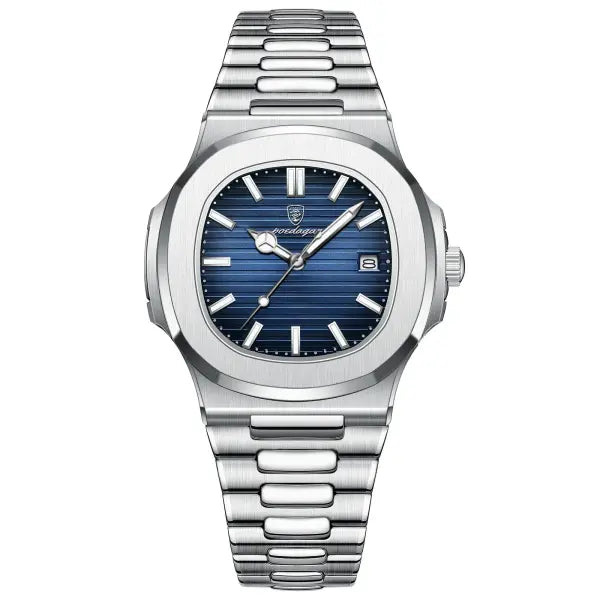 POEDAGAR Luxury Square Men’s Watch with Push Button Hidden Clasp - Silver Blue