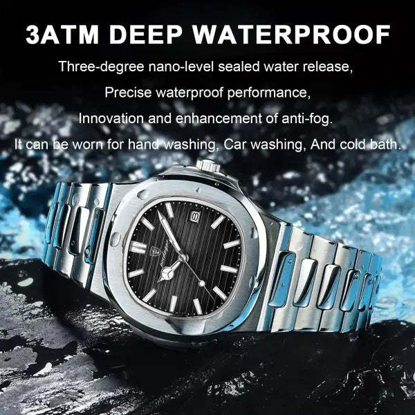 POEDAGAR Luxury Square Men’s Watch with Push Button Hidden Clasp
