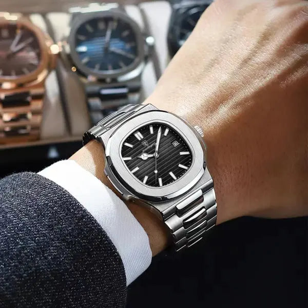 POEDAGAR Luxury Square Men’s Watch with Push Button Hidden Clasp