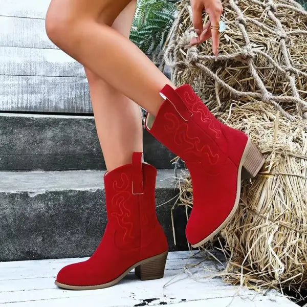Pointed Toe Western Boots with Retro Embroidery and Rubber Material - Red / 36 - Hair Remover