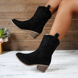 Pointed Toe Western Boots with Retro Embroidery and Rubber Material - Hair Remover