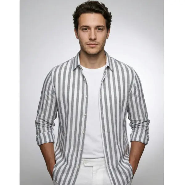 Polyester Fiber Striped Long Sleeved Shirt Loose Casual Style - HDCS016 Light Gray / L - None