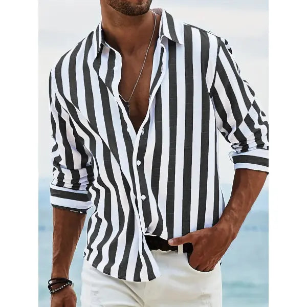 Polyester Fiber Striped Long Sleeved Shirt Loose Casual Style - HDCS05 Black / 4XL - None