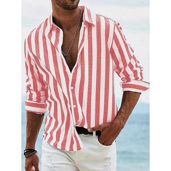 Polyester Fiber Striped Long Sleeved Shirt Loose Casual Style - HDCS05 Red / 4XL - None