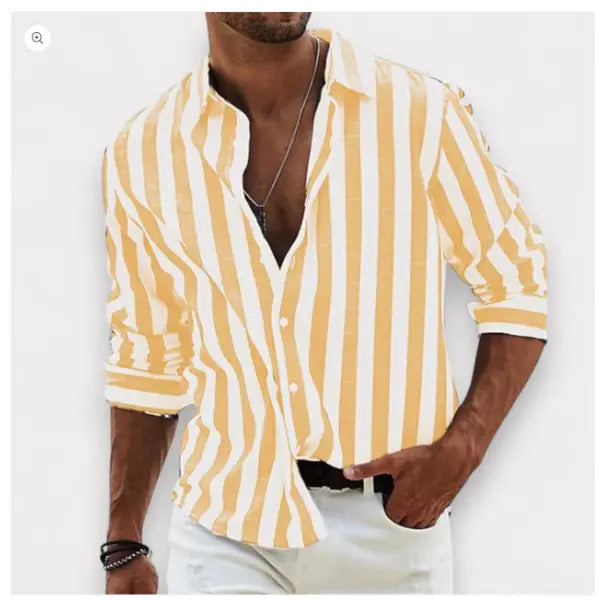 Polyester Fiber Striped Long Sleeved Shirt Loose Casual Style - HDCS05 Yellow / 4XL - None