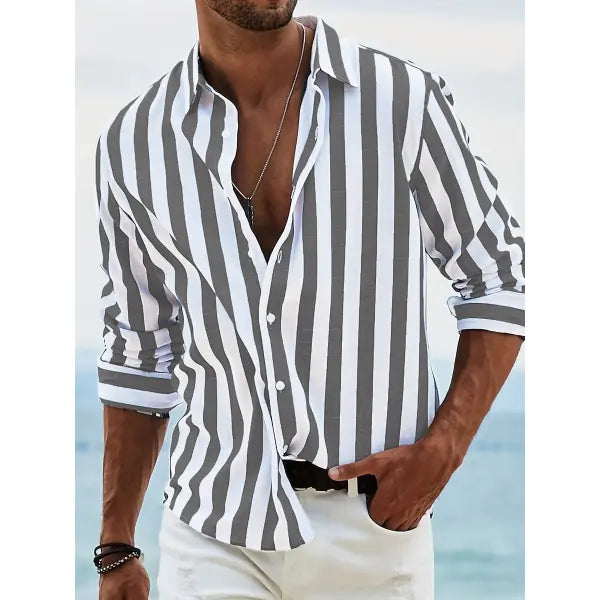 Polyester Fiber Striped Long Sleeved Shirt Loose Casual Style - HDCS05 Dark Gray / 4XL - None