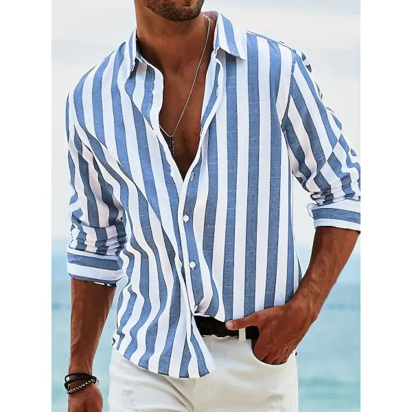 Polyester Fiber Striped Long Sleeved Shirt Loose Casual Style - HDCS05 Blue / 4XL - None