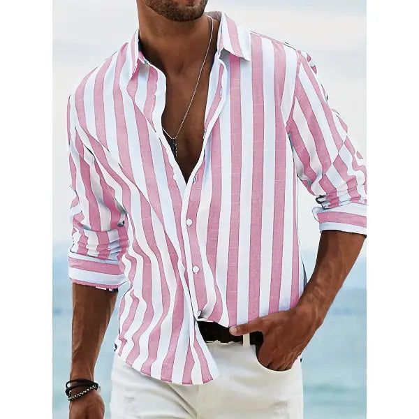 Polyester Fiber Striped Long Sleeved Shirt Loose Casual Style - HDCS05 Pink / 4XL - None