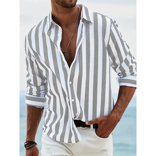 Polyester Fiber Striped Long Sleeved Shirt Loose Casual Style - HDCS05 Light Gray / 4XL - None