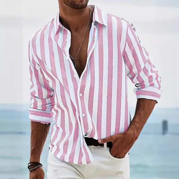Polyester Fiber Striped Long Sleeved Shirt Loose Casual Style - None