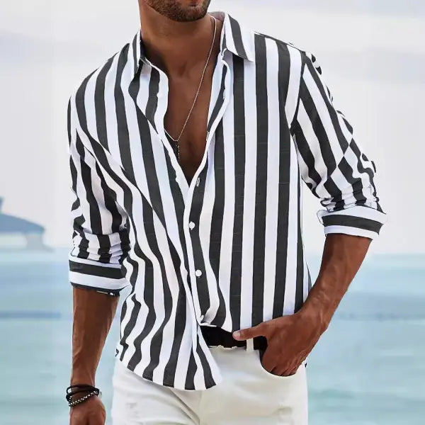 Polyester Fiber Striped Long Sleeved Shirt Loose Casual Style - None