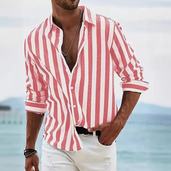 Polyester Fiber Striped Long Sleeved Shirt Loose Casual Style - None