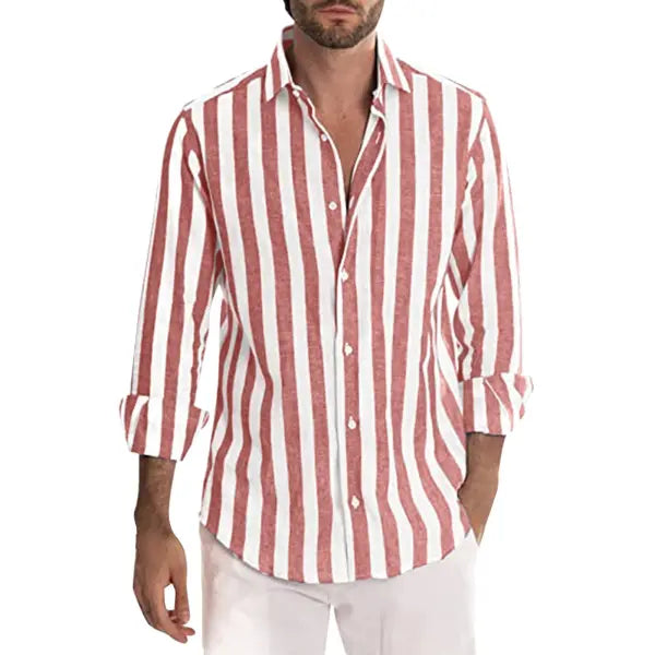 Polyester Fiber Striped Long Sleeved Shirt Loose Casual Style - Red / 4XL - None