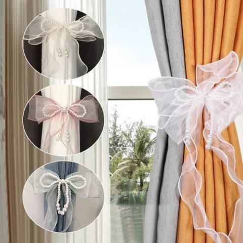 Polyester Window Curtains with Curtain Tiebacks and Bow Design