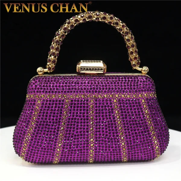 Popular Nigerian Evening Bag - Diamond Design Clutch with Rhinestones & Long Chain Handle - 21x4x12.3cm / Purple