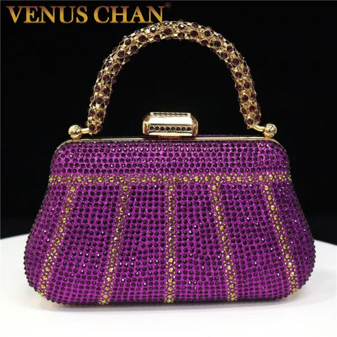 Popular Nigerian Evening Bag - Diamond Design Clutch with Rhinestones & Long Chain Handle - 21x4x12.3cm / Purple