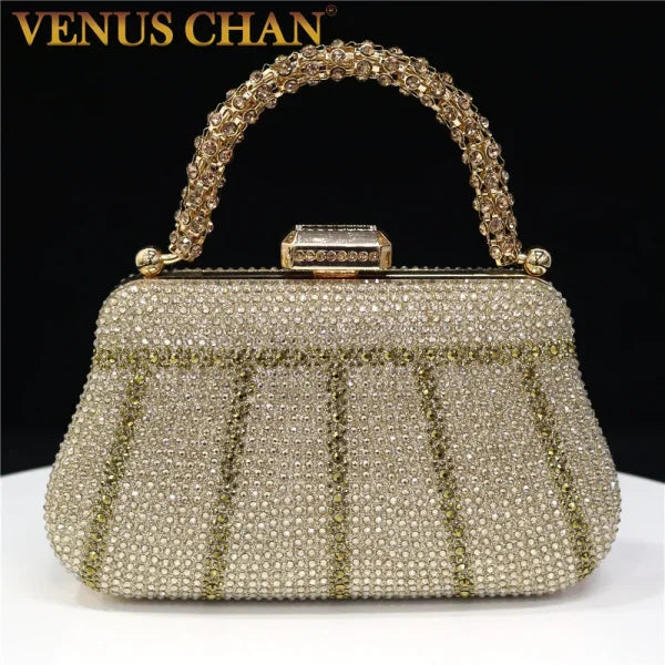 Popular Nigerian Evening Bag - Diamond Design Clutch with Rhinestones & Long Chain Handle - 21x4x12.3cm / Golden