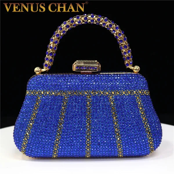 Popular Nigerian Evening Bag - Diamond Design Clutch with Rhinestones & Long Chain Handle - 21x4x12.3cm / Blue