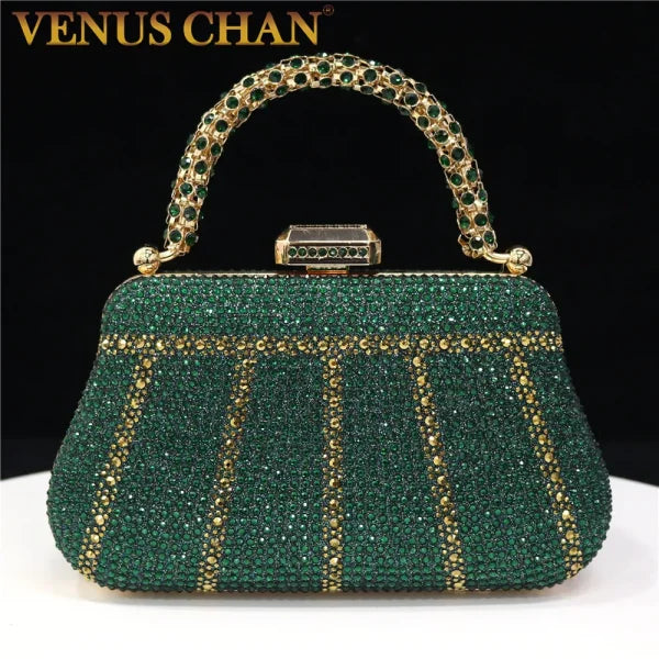 Popular Nigerian Evening Bag - Diamond Design Clutch with Rhinestones & Long Chain Handle - 21x4x12.3cm / Green