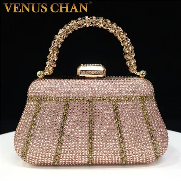 Popular Nigerian Evening Bag - Diamond Design Clutch with Rhinestones & Long Chain Handle - 21x4x12.3cm / Champagne