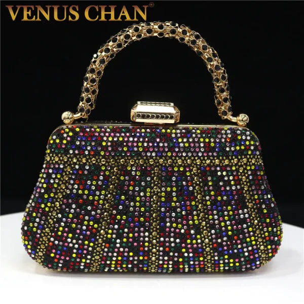Popular Nigerian Evening Bag - Diamond Design Clutch with Rhinestones & Long Chain Handle - 21x4x12.3cm / BlackRainbow