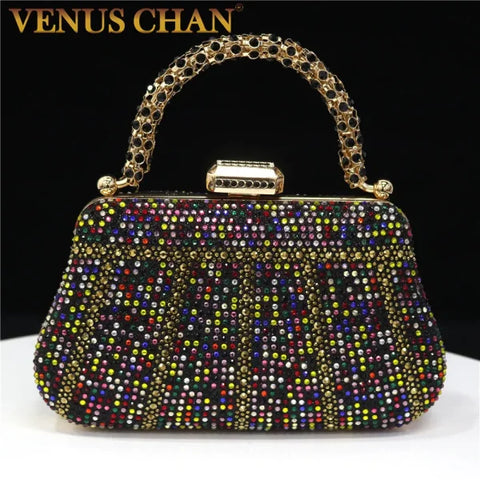Popular Nigerian Evening Bag - Diamond Design Clutch with Rhinestones & Long Chain Handle - 21x4x12.3cm / BlackRainbow