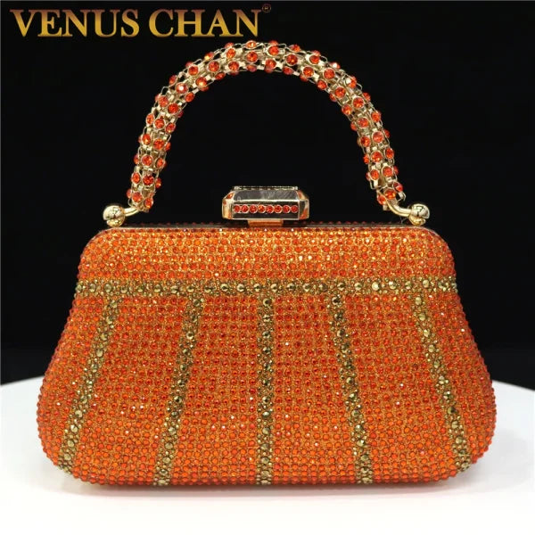 Popular Nigerian Evening Bag - Diamond Design Clutch with Rhinestones & Long Chain Handle - 21x4x12.3cm / Orange