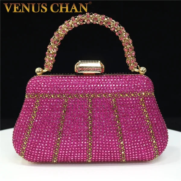 Popular Nigerian Evening Bag - Diamond Design Clutch with Rhinestones & Long Chain Handle - 21x4x12.3cm / Fuchsia