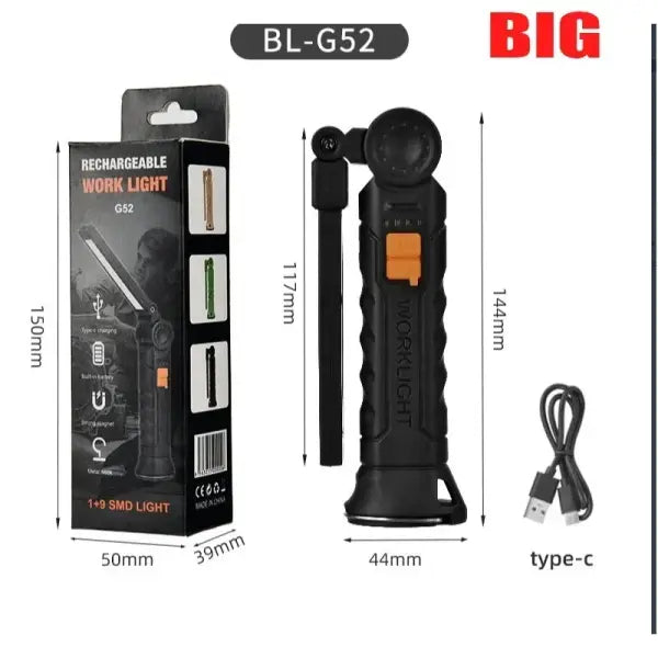 Portable COB LED Flashlight USB Rechargeable Work Light Magnetic Lanterna Hanging Lamp with Built-in Battery Camping