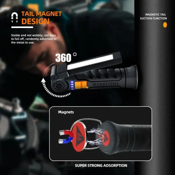 Portable COB LED Flashlight USB Rechargeable Work Light Magnetic Lanterna Hanging Lamp with Built-in Battery Camping