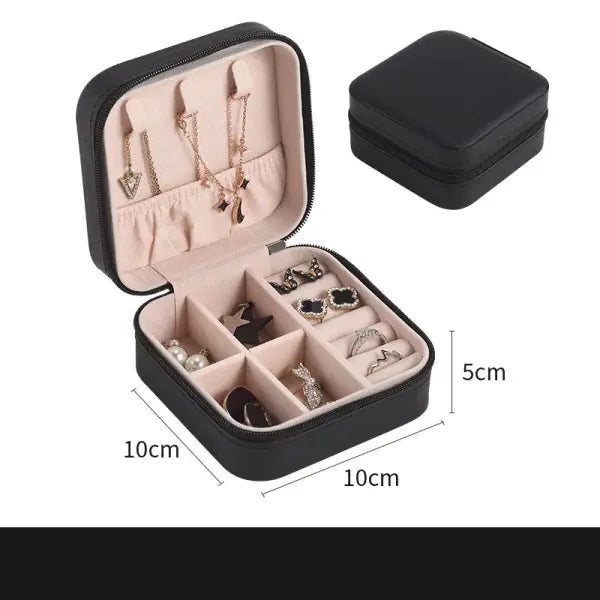 Portable Mini Jewelry Organizer – Leather Travel Case for Earrings Necklaces & Rings - Black