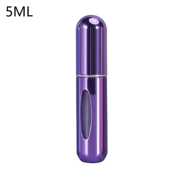 Metallic purple portable perfume atomizer with oval window for travel fragrance companion