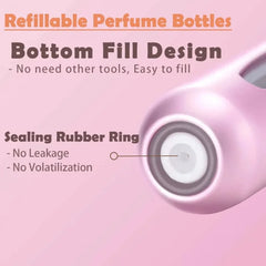Refillable portable perfume atomizer with bottom-fill design and rubber seal