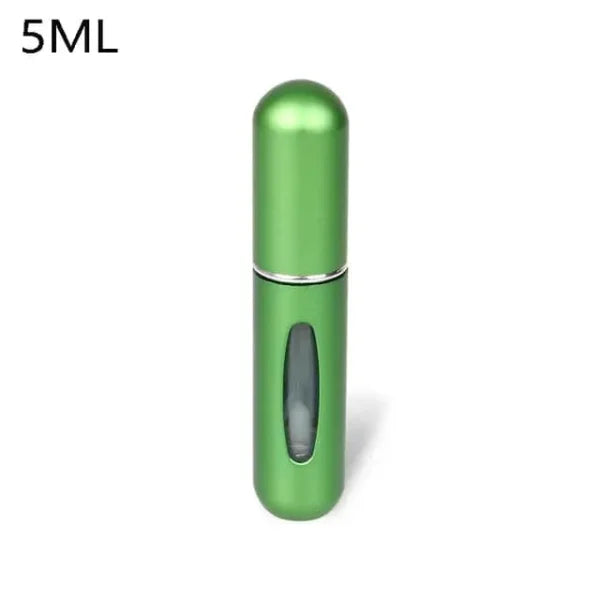 Metallic green portable perfume atomizer with viewing window for travel fragrance companion
