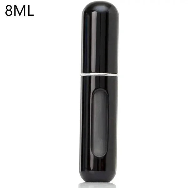Black portable perfume atomizer with clear window, travel fragrance companion