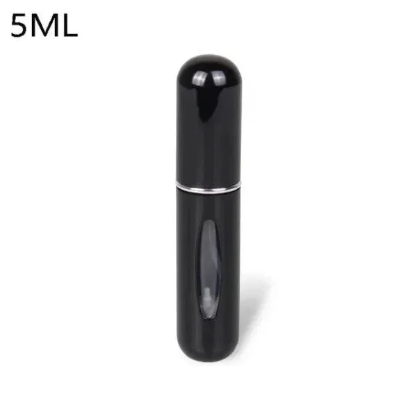 Black portable perfume atomizer with clear window, travel fragrance companion