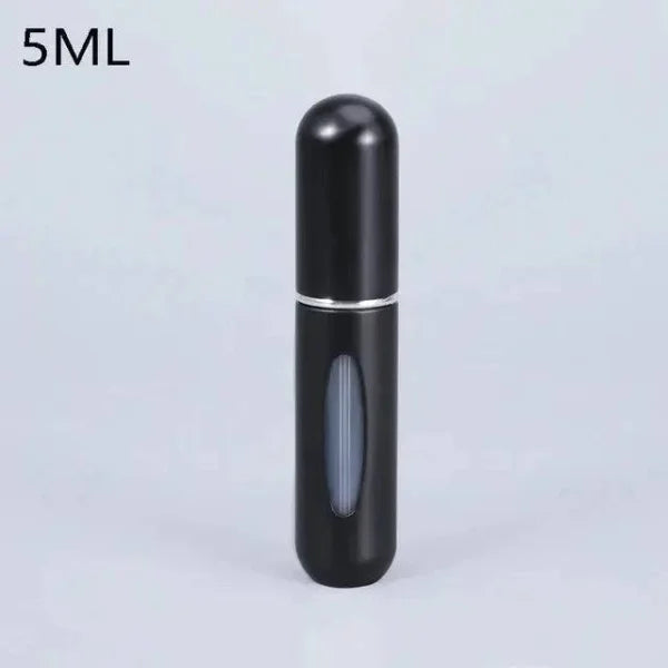 Black portable perfume atomizer with viewing window for travel fragrance companion