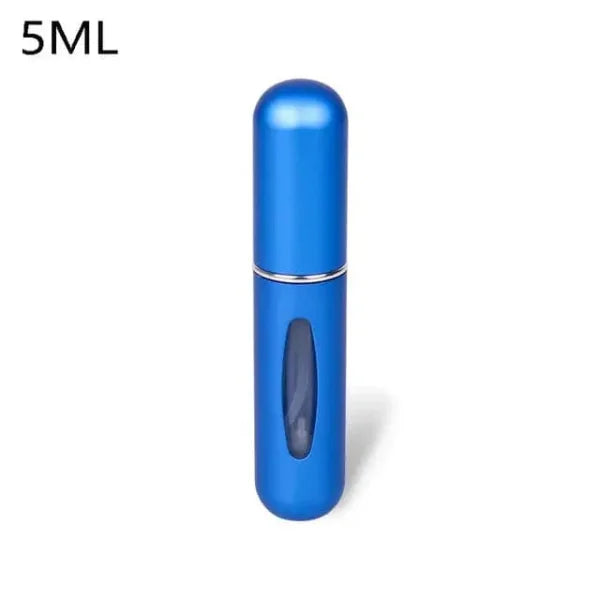 Blue portable perfume atomizer with viewing window, travel fragrance companion