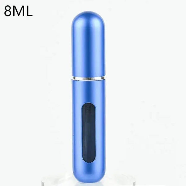 Blue metallic portable perfume atomizer with viewing window for travel fragrance companion