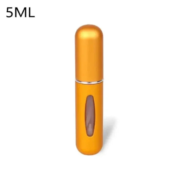 Orange portable perfume atomizer with viewing window, travel fragrance companion