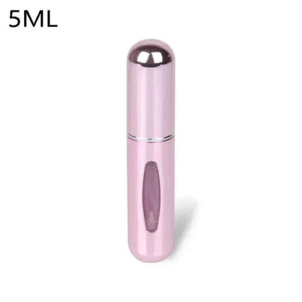 Pink metallic portable perfume atomizer with viewing window for travel fragrance companion