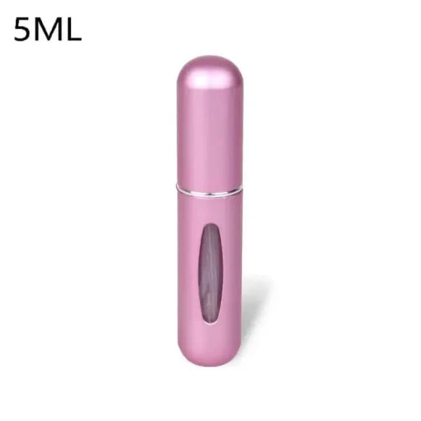 Pink portable perfume atomizer with viewing window, travel fragrance companion