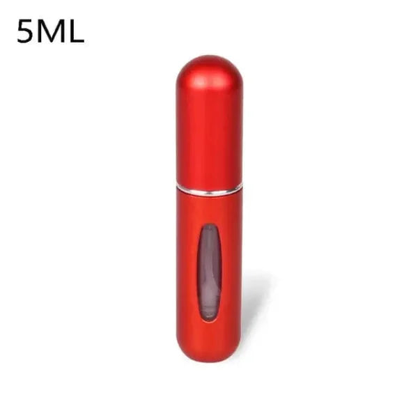 Red cylindrical portable perfume atomizer with viewing window for travel fragrance companion