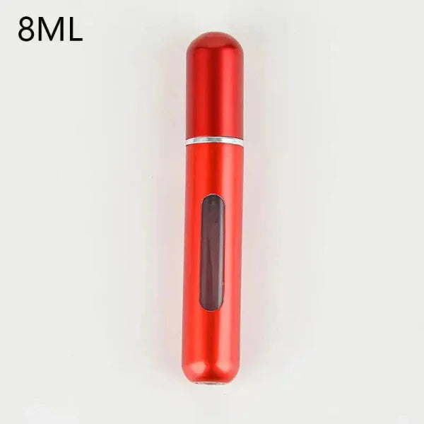Red portable perfume atomizer with viewing window, travel fragrance companion